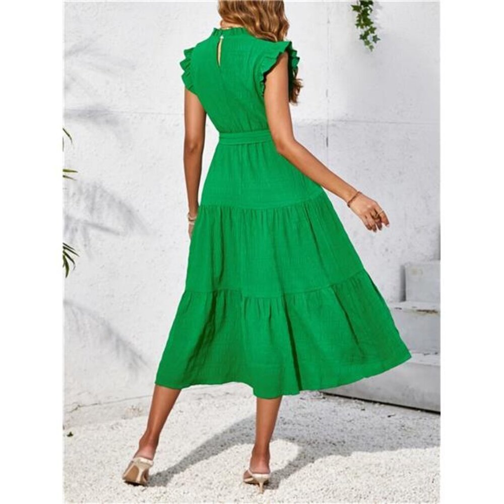 Frill Mock Neck Ruffled Cap Sleeve Midi Dress - Picture 4 of 15